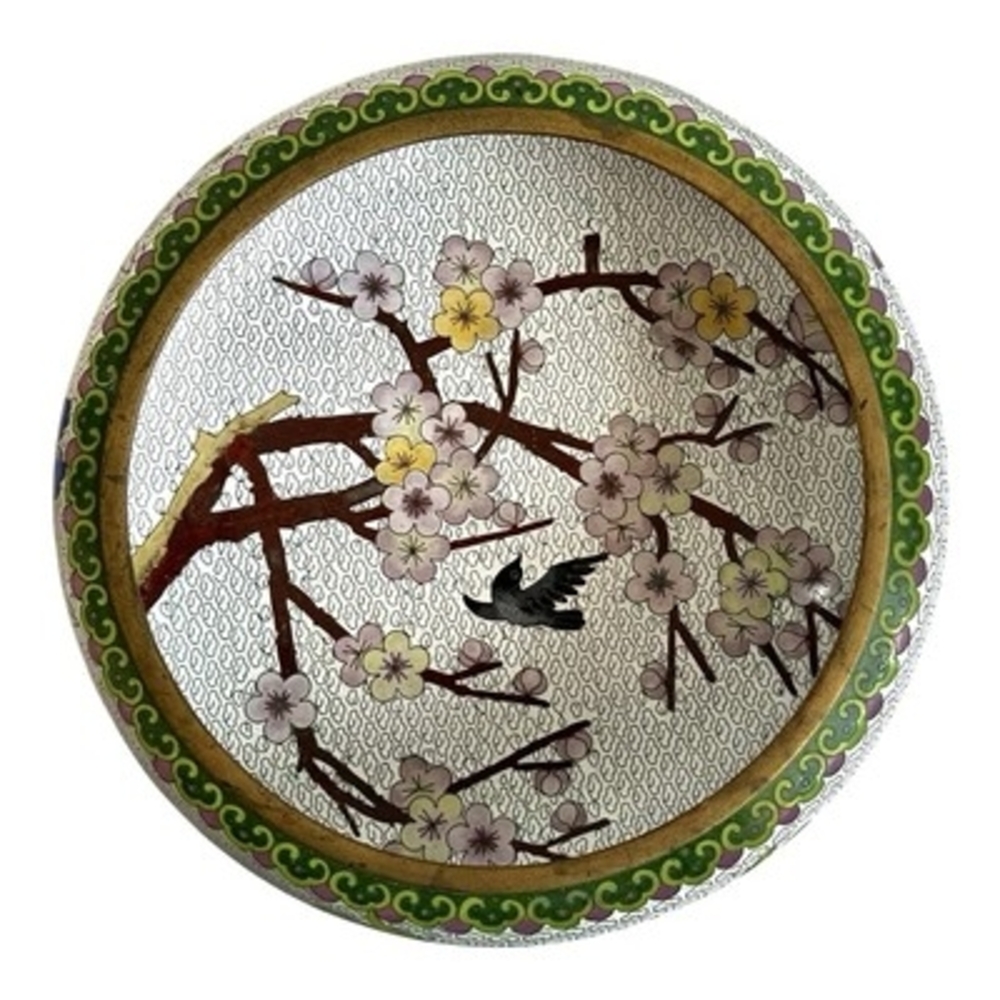 Antique Chinese Cloisonné Enamel Bowl Bird & Blossom White Decorative Bronze Art - Picture 2 of 6